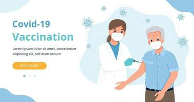 vacinação para idosos, homem sênior e um médico com uma seringa. ilustração em vetor banner modelo de página da web em estilo cartoon plana