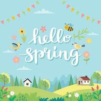 Olá cartão de primavera com letras e paisagem bonita. mão desenhada cartoon plana. ilustração vetorial vetor
