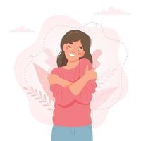 conceito de amor próprio, mulher se abraçando, ilustração vetorial em estilo simples vetor