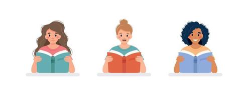 conjunto de três mulheres lendo livro em uma mesa. conceito de dia de aprendizagem e alfabetização. ilustração vetorial fofa em estilo cartoon plana vetor