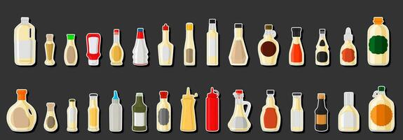 ilustração sobre o tema grande kit garrafas de vidro variadas com molho de alho líquido vetor