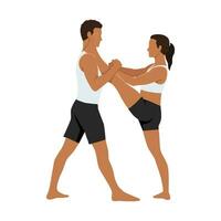 jovem casal fazendo alongamento exercício, estendido mão para grande dedo do pé ioga pose, utthita hasta padangushthasana com parceiro ou treinador assistência. vetor