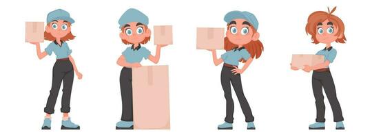 conjunto do quatro fofa Entrega meninas segurando uma papel caixa dentro seus mãos. Entrega mulher vestindo uma azul uniforme. vetor desenho animado estilo.