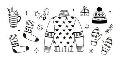 inverno básico roupas - linear clipart. suéter, meias, luvas, chapéu. esboço rabiscos, ícones, esboço. Natal feriados. coloração livro. vetor