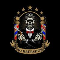 vintage barbearia logotipo cavalheiro esqueleto smoking vetor