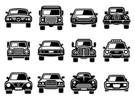 carro Preto ícone conjunto frente visualizar. veículo coleção. carro silhuetas face. transporte símbolo. vetor ilustração