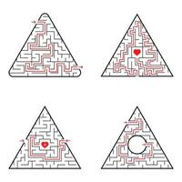 labirinto triangular. um conjunto de quatro opções. ilustração em vetor plana simples isolada no fundo branco. com a resposta.