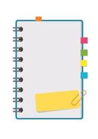 Abra o bloco de notas com folhas em branco em uma espiral com marcadores entre as páginas. ilustração em vetor plana colorida isolada no fundo branco. com espaço para texto ou imagem.
