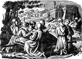 a morte do santo francis do Assis com a basílica do santo francis dentro a fundo vintage ilustração. vetor