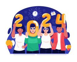 feliz Novo ano conceito ilustração com uma grupo do jovem pessoas cada segurando uma número este ler 2024. a comemorar Novo anos véspera vetor