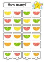 jogo para crianças pré-escolares. conte quantas frutas na imagem e anote o resultado. limão, lima, laranja, toranja. com um lugar para respostas. ilustração em vetor plana isolada simples.