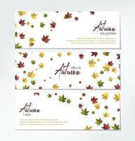 pacote de designs horizontais de outono com folhas coloridas de bordo caindo. lugar para texto. ilustração vetorial vetor