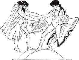vaso pintura do Apollo e Baco brigando sobre uma lira, vintage gravação vetor