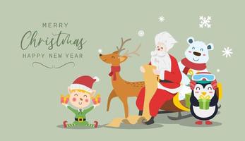 Feliz Natal e cartão de feliz ano novo. desenho de personagens de desenhos animados bonitos de Papai Noel, pinguim, rena, urso polar e fantasia de menino elfo. ilustração vetorial vetor