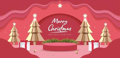 banner de feliz Natal e feliz ano novo. cena mínima do mock up com pódio do estúdio para mostrar a exposição do produto. Árvore de Natal de vetor 3D, caixas de presente e elementos de festa