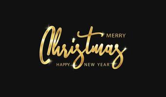 Feliz Natal e feliz ano novo texto dourado sobre fundo preto. letras para convite e cartão de felicitações, cartazes, design de impressões. ilustração vetorial caligráfica brilhante vetor