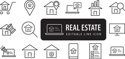 real Estado conjunto do rede ícones dentro linha estilo. realty ícones para rede e Móvel aplicativo. compra e venda do habitação, propriedade, aluguel instalações, seguro, realidade, casa empréstimo editável e moderno Projeto ícone. vetor