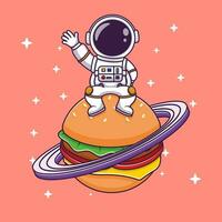 fofa astronauta sentado em a hamburguer planeta com acenando mão desenho animado vetor ícone ilustração plano