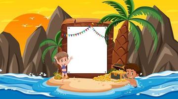 modelo de banner vazio com crianças de férias na cena do sol na praia vetor