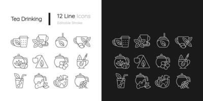 ícones lineares relacionados ao consumo de chá definidos para o modo claro e escuro vetor