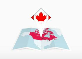 Canadá é retratado em uma guardada papel mapa e fixado localização marcador com bandeira do Canadá. vetor