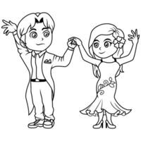 fofa desenho animado pequeno Garoto e menina dançando linha arte vetor