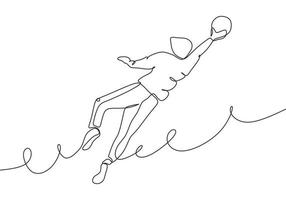 desenho de uma linha contínua do jogador de futebol, pule e pegue a bola vetor