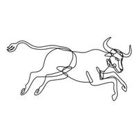 desenho de linha contínua do texas longhorn bull jumping com vista lateral vetor