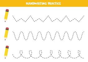 traçar linhas com bonitos lápis amarelos. prática da escrita. vetor