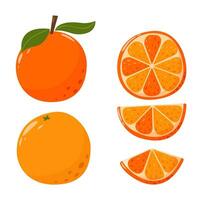 laranja fruta coleção dentro plano mão desenhado estilo, vetor ilustração definir. laranja fatias e todo fruta, gráfico Projeto elementos. desenho animado Vitamina suco ingredientes.