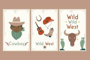 plano selvagem oeste cartazes, cartões com inscrições vetor