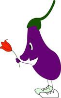 a Berinjela emoji segurando uma vermelho flor dentro mão vetor cor desenhando ou ilustração