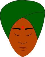 desenho animado face do a indiano homem com verde cabeça cobrir chamado Como pagri e dele olhos fechadas vetor cor desenhando ou ilustração