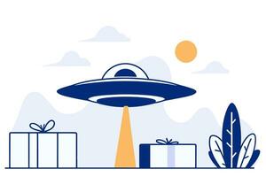 UFO trouxe presentes, plano vetor ilustração.