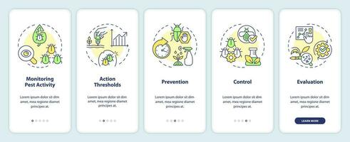 2d ícones representando integrado pragas gestão Móvel aplicativo tela definir. passo a passo 5 passos multicolorido gráfico instruções com fino linha ícones conceito, interface do usuário, ux, gui modelo. vetor