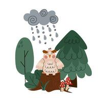 coruja. floresta clareira. uma fofa desenho animado coruja dentro uma plano estilo com rabisco elementos senta dentro a floresta em uma toco debaixo uma nuvem de tempestade. bebê imprimir. vetor