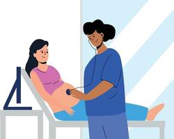 uma parteira examina uma mulher grávida. o médico ouve os batimentos cardíacos do bebê. uma mulher grávida está sendo examinada. exame médico agendado. uma mulher está deitada em um sofá vetor