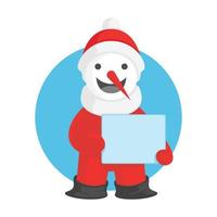 o boneco de neve com fantasia de Papai Noel segurando uma ilustração vetorial de quadro em branco vetor