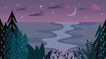 vetor simples noite panorama com floresta, rio e lua.