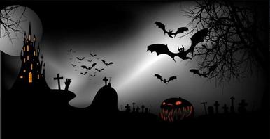 banner da festa de halloween, fundo escuro assustador, silhuetas de personagens e morcegos assustadores com castelo gótico assombrado, conceito de tema de terror, abóbora assustadora e cemitério escuro, modelos de vetor