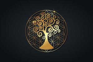 árvore da vida e flor da vida, mandala espiritual de ouro, geometria sagrada. símbolo dourado brilhante de harmonia e equilíbrio. talismã místico, vetor de logotipo redondo de luxo isolado em fundo preto