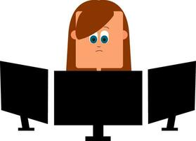 clipart do uma lindo menina trabalhando dentro 1 do a Preto monitores entre a três sobre branco fundo, vetor ou cor ilustração