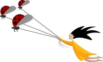 desenho animado engraçado cenário do uma menina puxar a três joaninhas amarrado para Individual cordas vetor ou cor ilustração