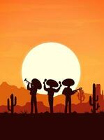 deserto pôr do sol panorama com mexicano músicos vetor