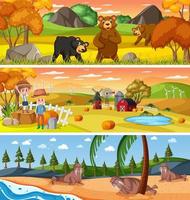 paisagem de natureza diferente em cena diurna com personagem de desenho animado vetor