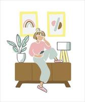 personagem feminina usando seu telefone no interior de uma casa. ilustração vetorial plana desenhada à mão vetor