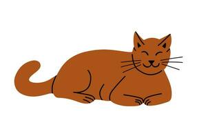 fofa deitado baixa mão desenhado Castanho doméstico gato. vetor animal dentro plano desenho animado minimalista estilo. na moda ilustração para adesivo, decoração. perfeito para crianças têxtil, decoração, poster