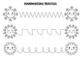 rastreamento linhas para crianças. desenho animado Preto e branco flocos de neve. escrevendo prática. vetor