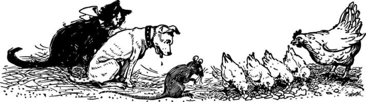 animais, a pequeno vermelho galinha, vintage ilustração vetor