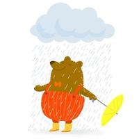 urso fofo com guarda-chuva debaixo de chuva vetor